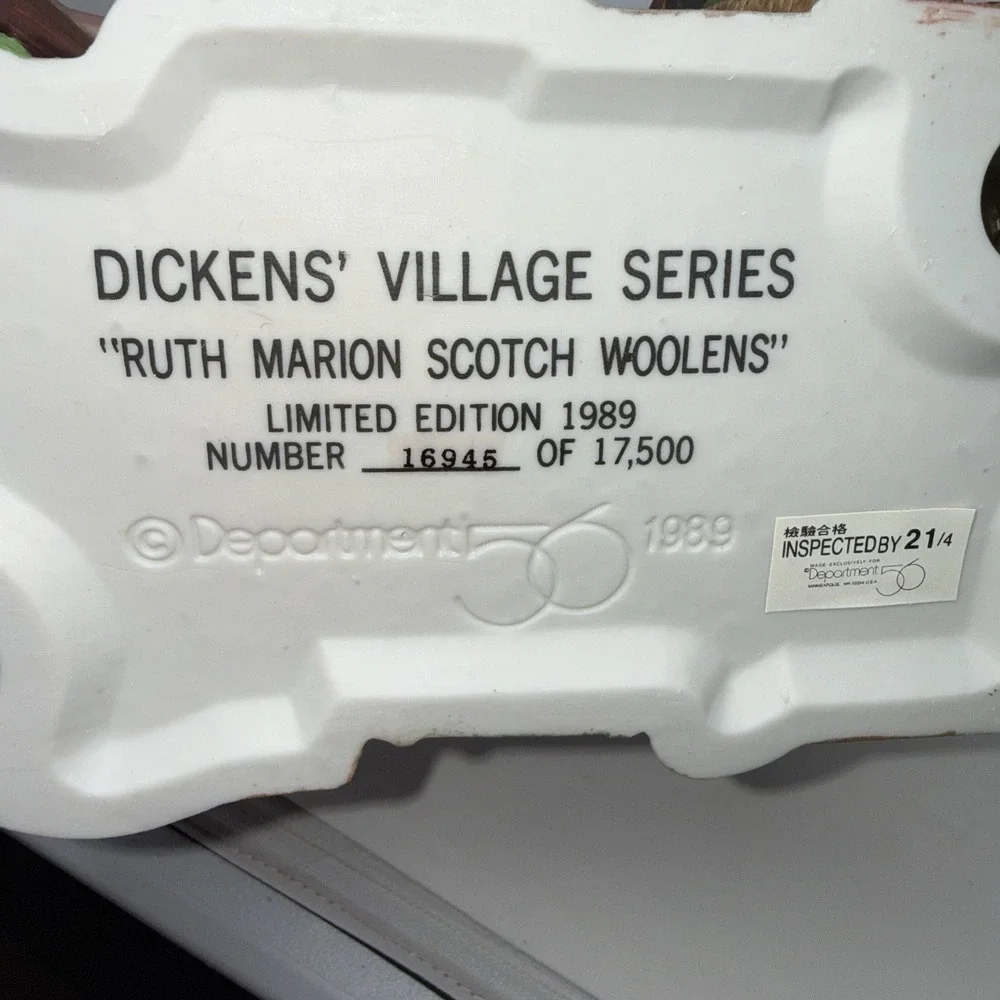 Dept 56. RUTH MARION SCOTCH WOOLENS Limited Ed#16945/17500 Dickens 55859 Lighted